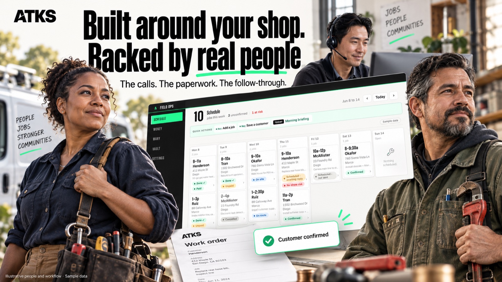 Trade professionals and an office teammate surround a connected schedule and work order. Built around your shop, backed by real people.