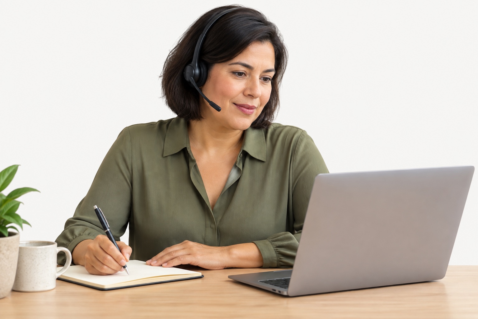 An office coordinator wearing a headset makes a note beside her laptop.