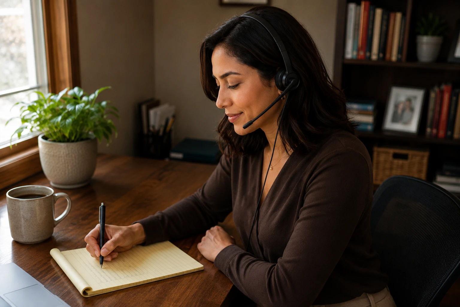 Illustrative office professional listening on a headset and taking notes