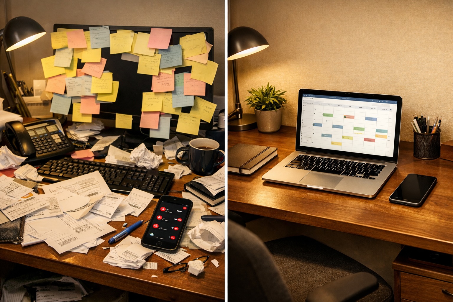 Before and after — sticky note chaos vs clean calendar