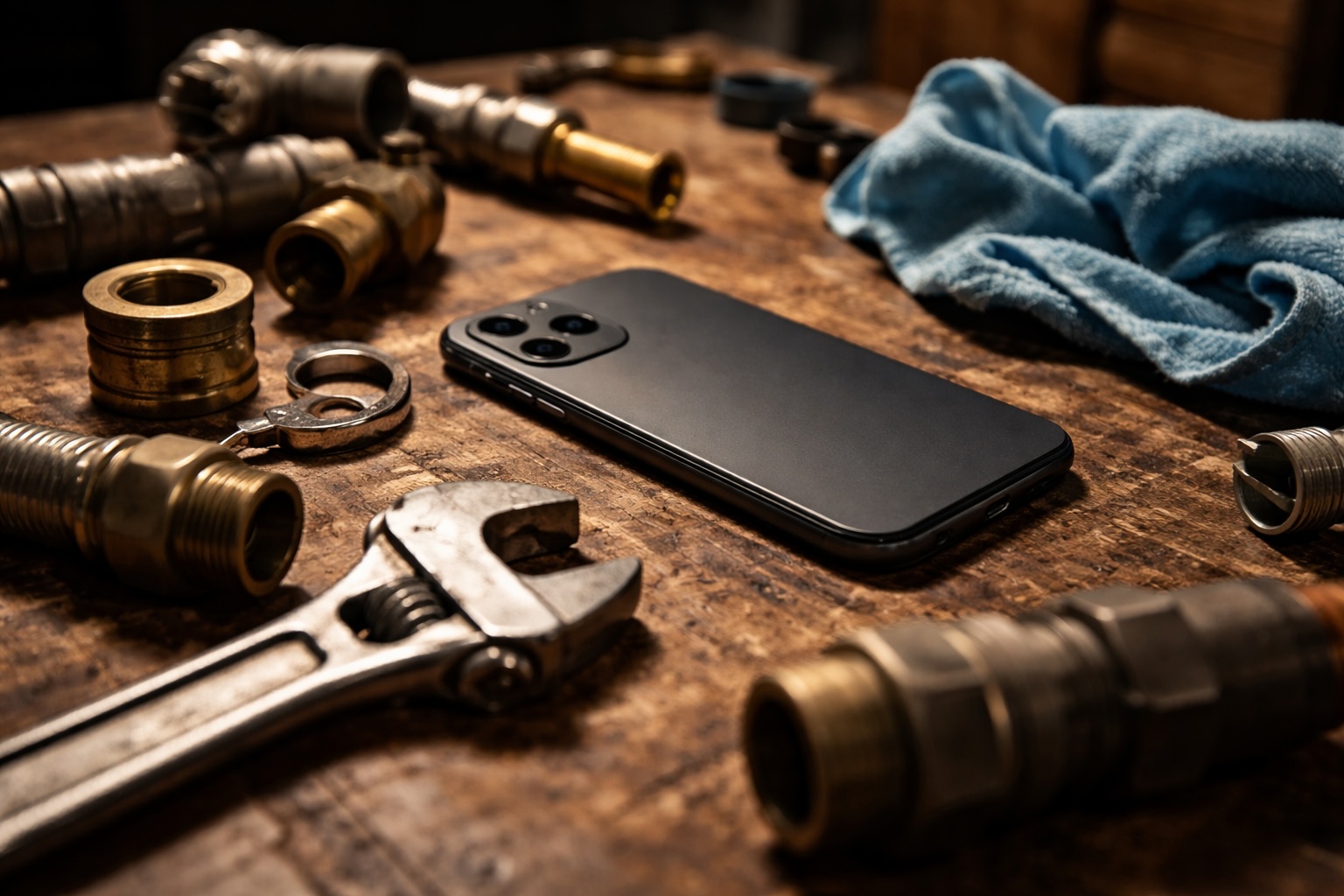 Phone on metal workbench surrounded by tools